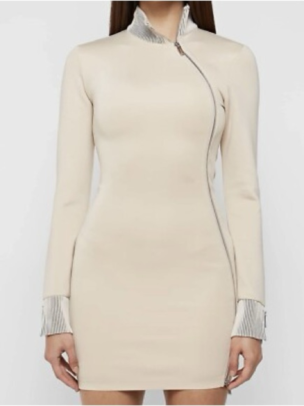 Maniere De Voir Cream Asymmetric Zip Bodycon Mini Dress